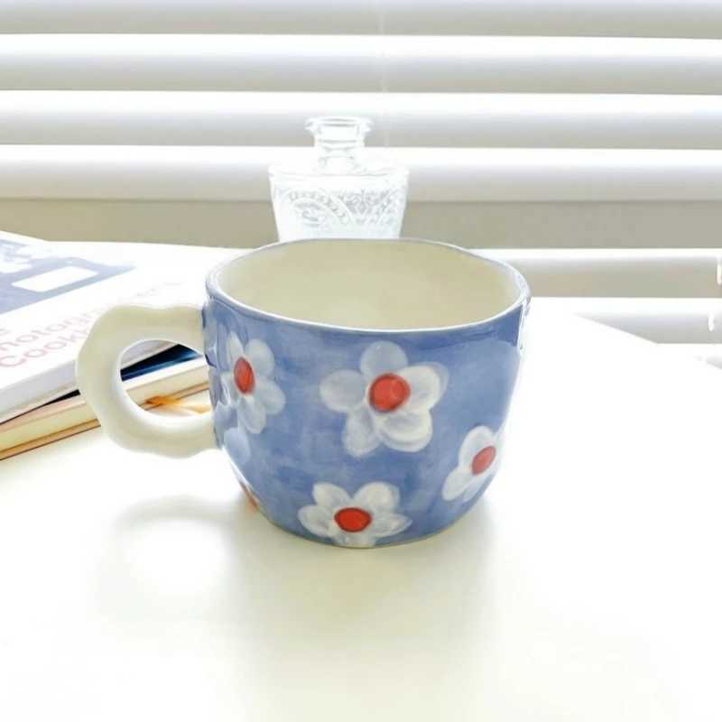 Ceramic Mug Espresso Coffee Cup Hand Drawing Underglaze Color Small Flower Rainbow Grid Ceramic Mug Breakfast Milk Tea Cups H260323