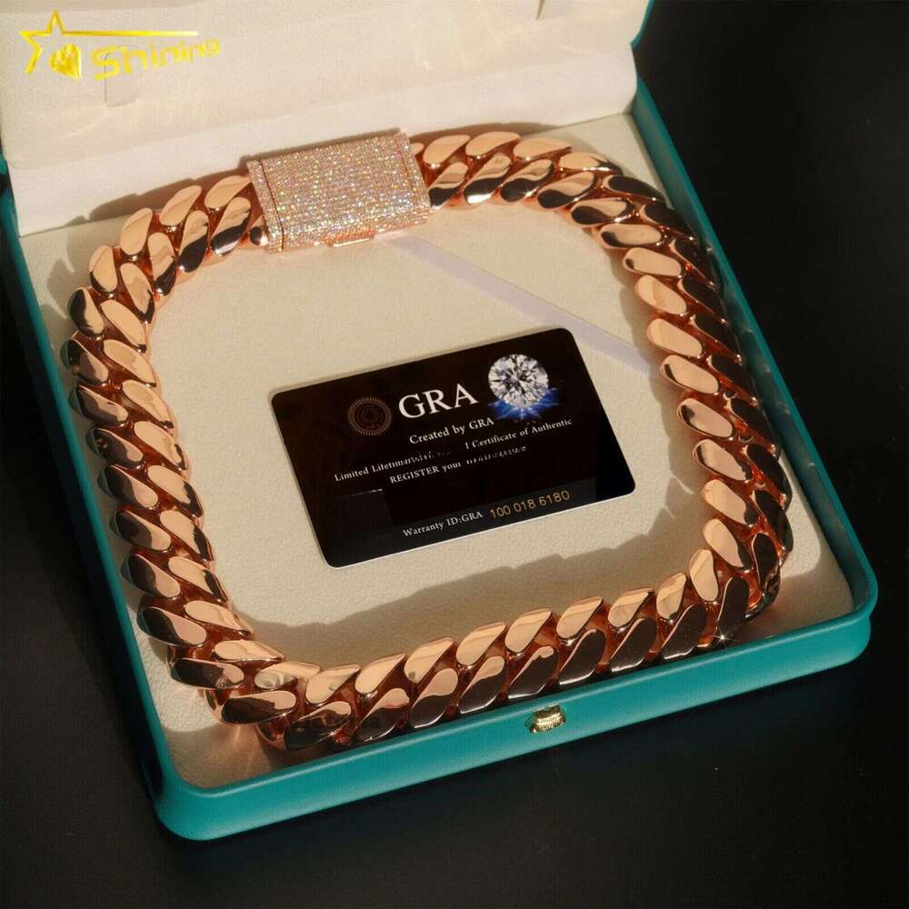 Factory Price Custom 22mm Miami 999 Silver 14k Rose Gold Plated Iced Out Hiphop Moissanite Lock Cuban Link Chain