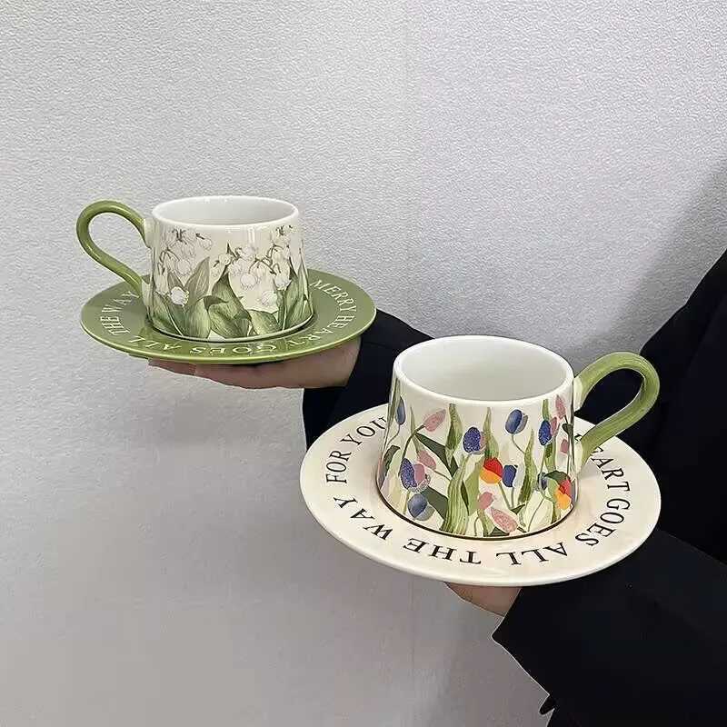 Vintage oil painting lily of the valley coffee cup and plate set light luxury ceramic cup niche latte cup afternoon tea cup H260323