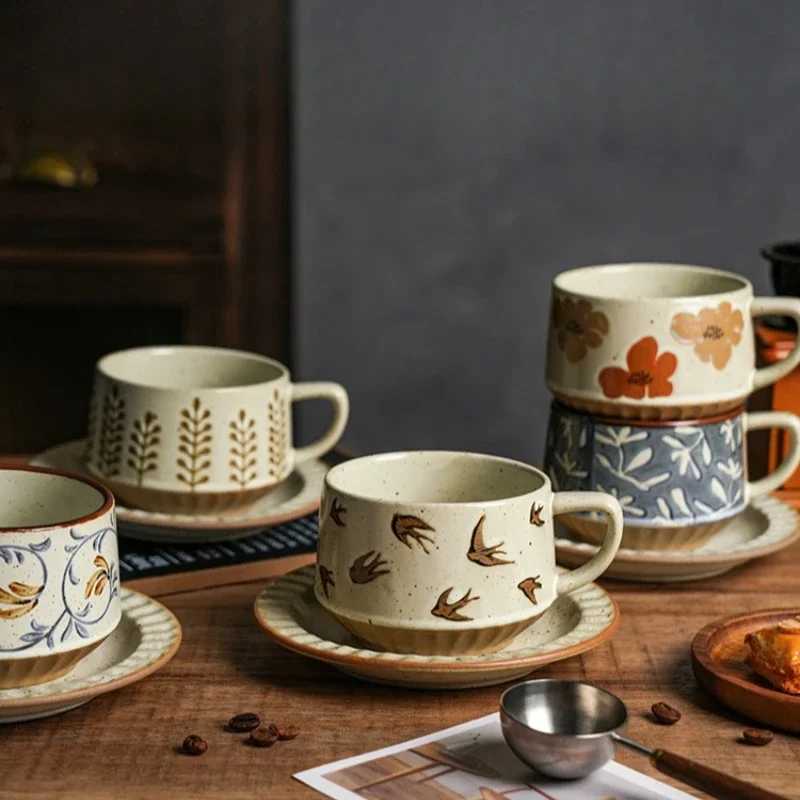 High-class Sense of Retro Coffee Cups and Saucers Set of Creative Rough Pottery Flower Cups Household High-grade Exquisite Mugs H260323