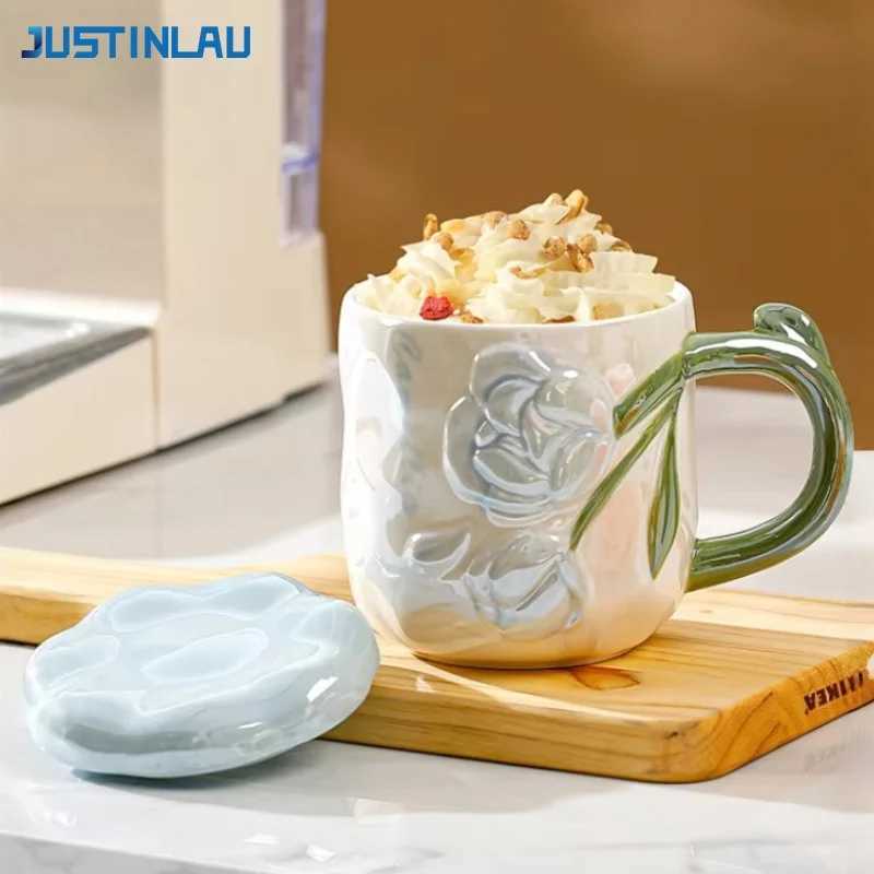 JUSTINLAU Ceramic Mugs Rose Flower Water Cup with LidCreative Handle Afternoon Tea Coffee Milk Cups Valentines Day Gifts D260323