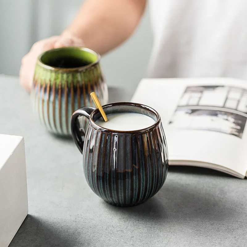 Glaze Kiln-Creative Vertical Pattern Water Mug with Handle Coffee Cup Large Capacity Ceramic Retro Japanese Style Milk Mug H260323