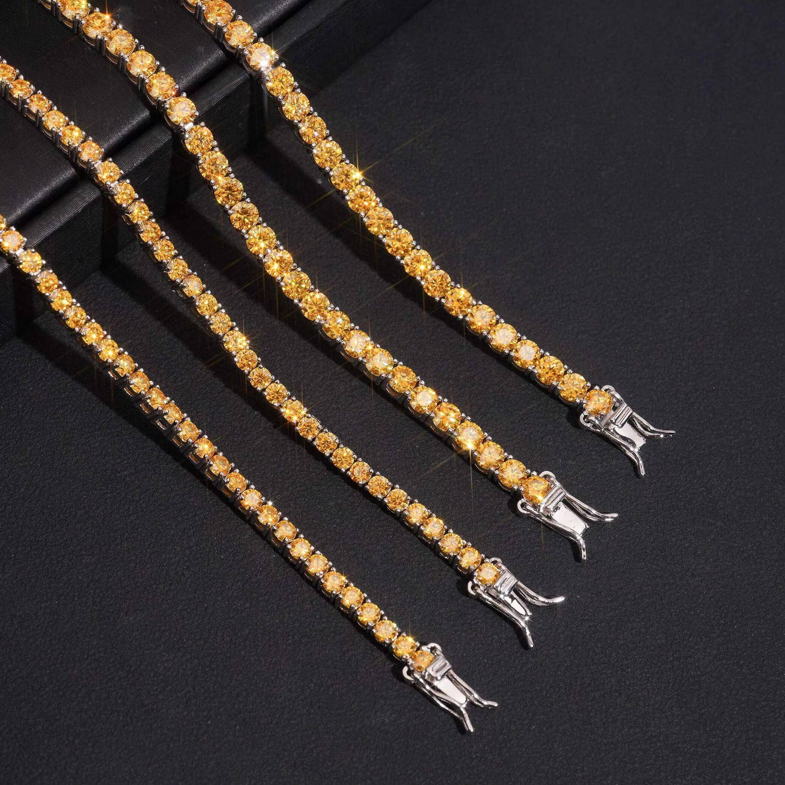 Hot Sale 925 Sterling Silver Gold Plated 3mm Yellow Moissanite Tennis Chain Link Bracelet