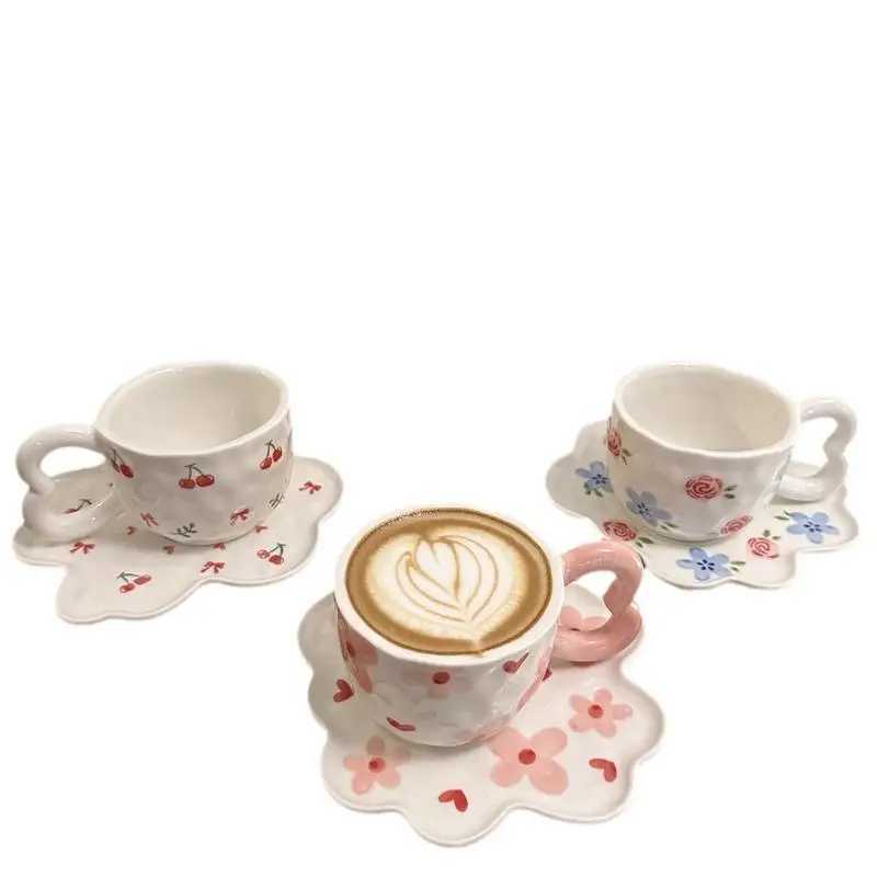 Hand drawn handmade ceramic cups and plates underglaze color irregular coffee cups H260323