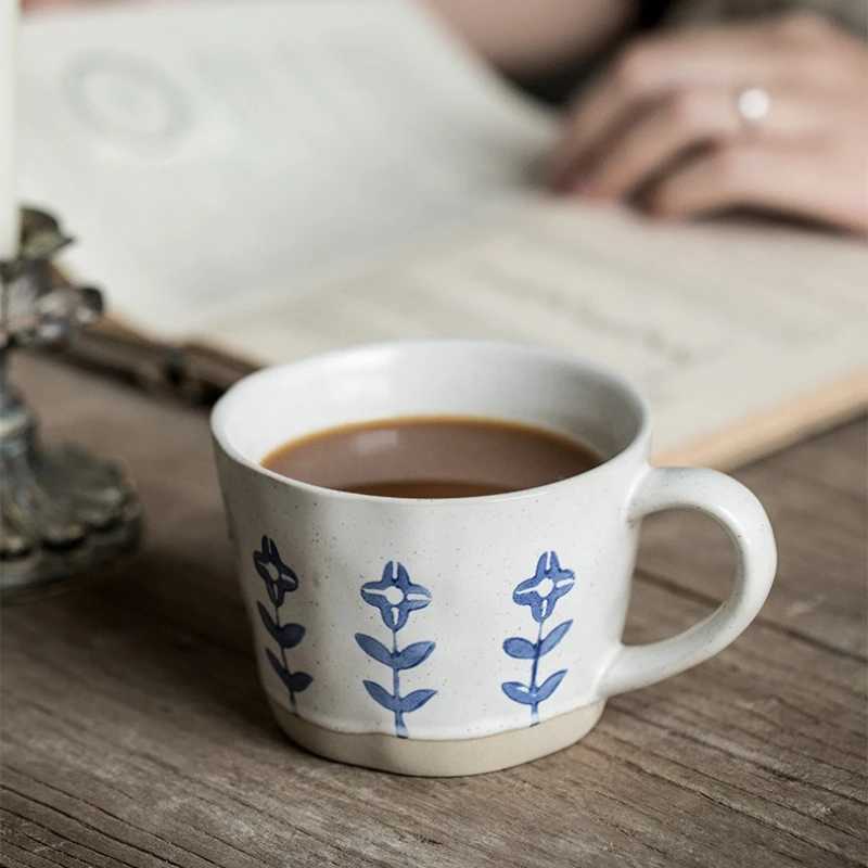 Artistic Hand-painted Small Flower Coarse Pottery Cup Ceramic Mug Coffee Cup Office Drinking Cup H260323