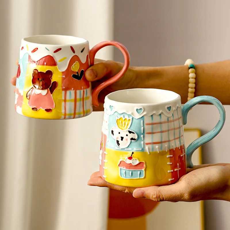 Ins Style Underglaze Color Embossed Pattern Ceramic Mug Home Desktop High-looking Girl Drinking Cup Childrens Gift Drinkware H260323