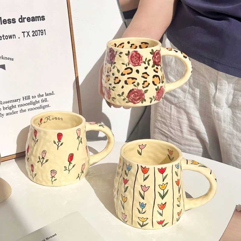 Tulip and Rose Ceramic Coffee Mug Handmade Irregular Shape for Tea Water Home Use Unique Design Gift H260323