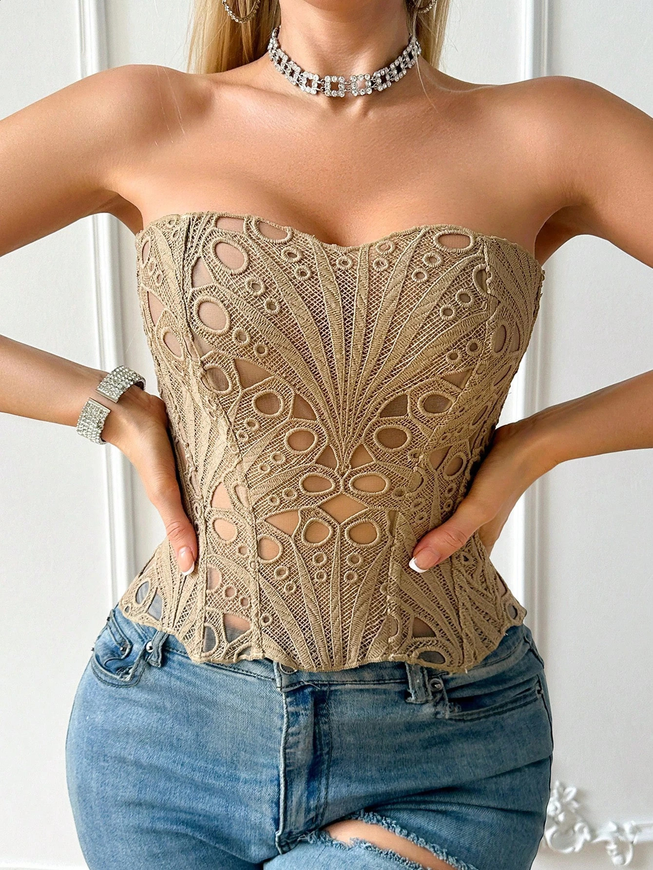 Womens floral print strapless shapewear breathable mesh crop top with back tie boning corset tight-fitting bodysuit 260321 - view 6