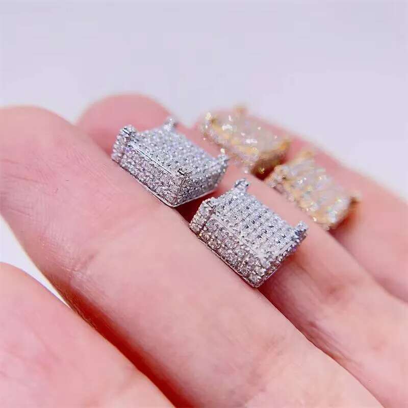 10K Solid Real Gold 13MM Square Hip Hop VVS Diamonds Iced Out Moissanite Earrings Men