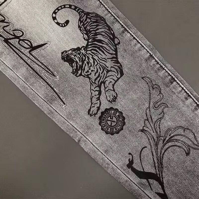 Designer Jeans Luxury Men's Trendy Brand Heavy Industry Tiger Printed Hot Diamond Grey Pants Street Fashion Essential Youth Casual Sports Loose S