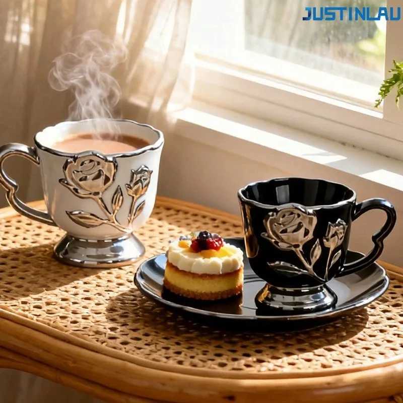 JUSTINLAU 450ml Rose Relief Coffee Mug Ceramic Light Luxury Style Retro Rose Carved Cup Desktop Cup A Must-have Gift for Couples H260323