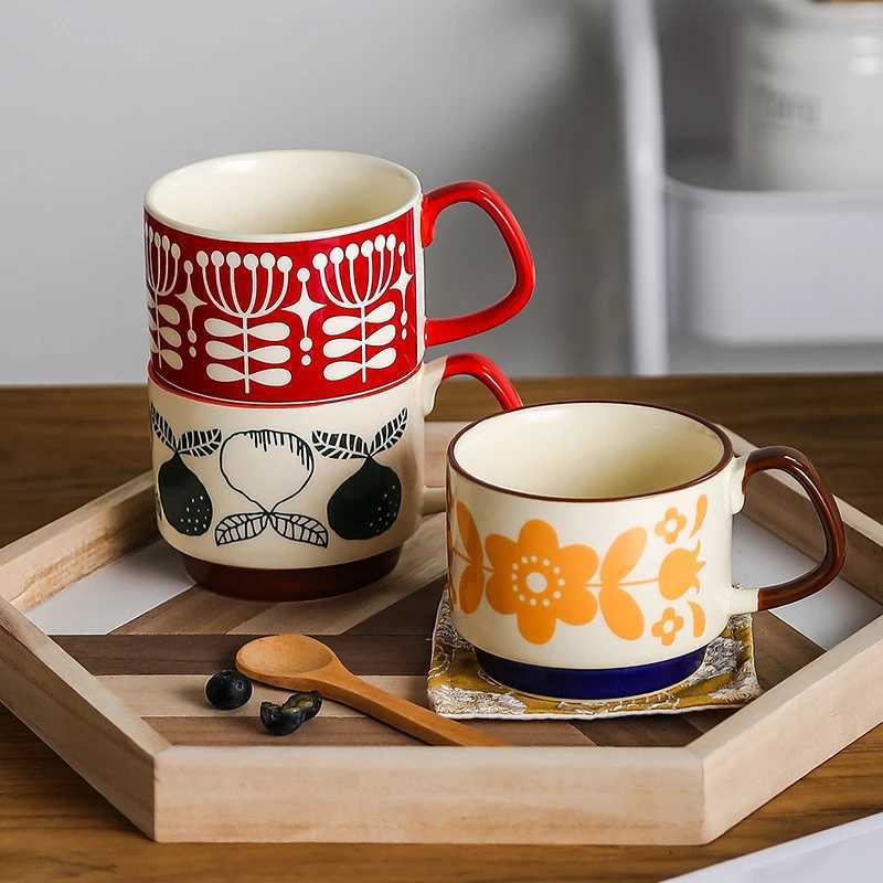 4pcs set Ceramic Ear Hanging Coffee Mug Underglaze Colored Breakfast Milk Oatmeal Cup Japanese Retro Style Lovers Mug Stackable H260323