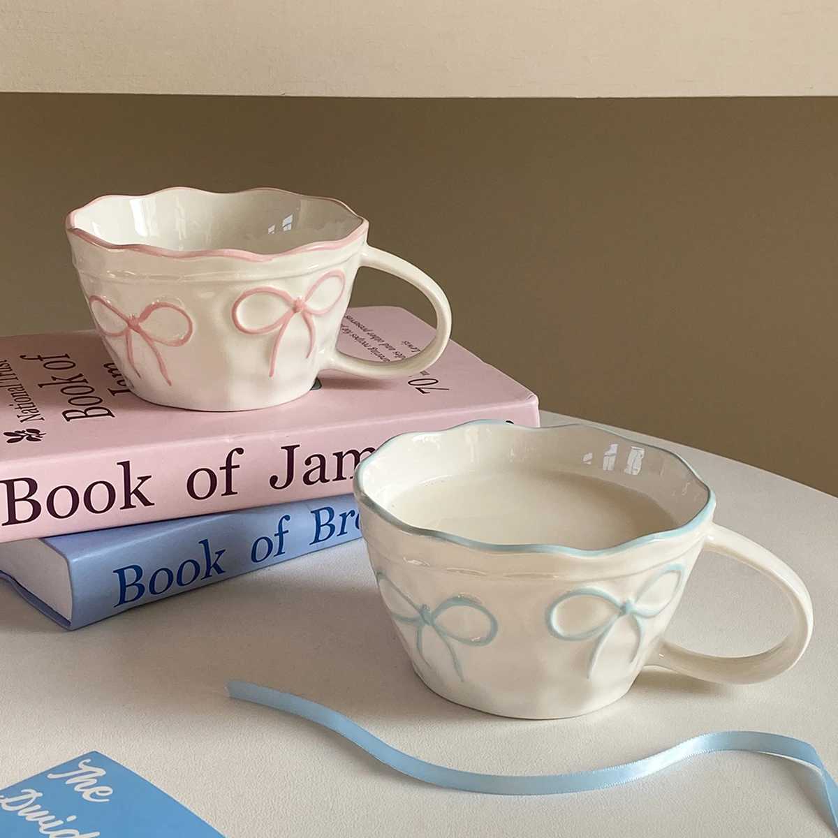 Mug Exquisite and Simple Bow Large Capacity Couple Cup Suitable for Home Decoration Home Drinking Water Candlelight Dinner Coffee Latte Flower Cup Ho 