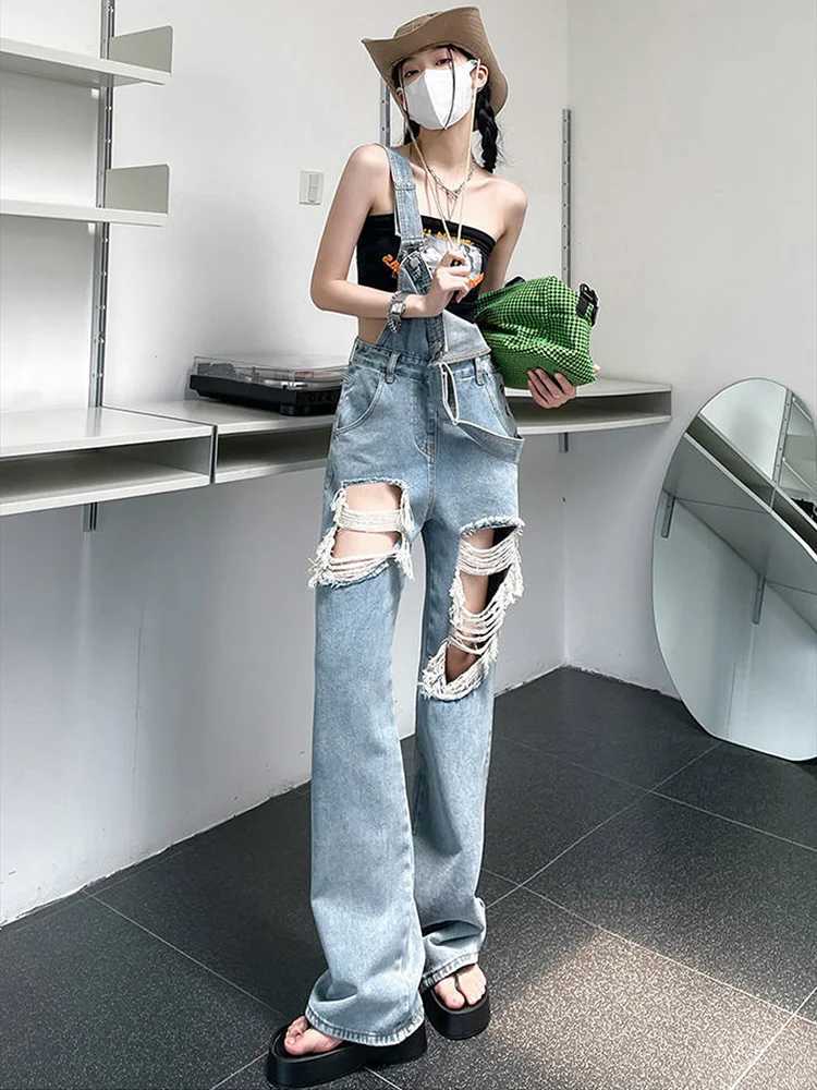 American style high street hot ripped hole high waisted denim overalls women summer loose slimming straight leg pants M260323