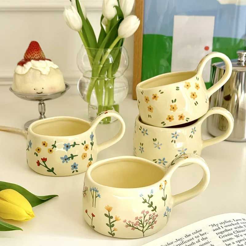 Cream yellow Ceramic Mug Korean Style Cute Flower Pattern Coffee Cup Hand Pinched Irregular Mug Breakfast Milk Tea Cups Watercup D260323