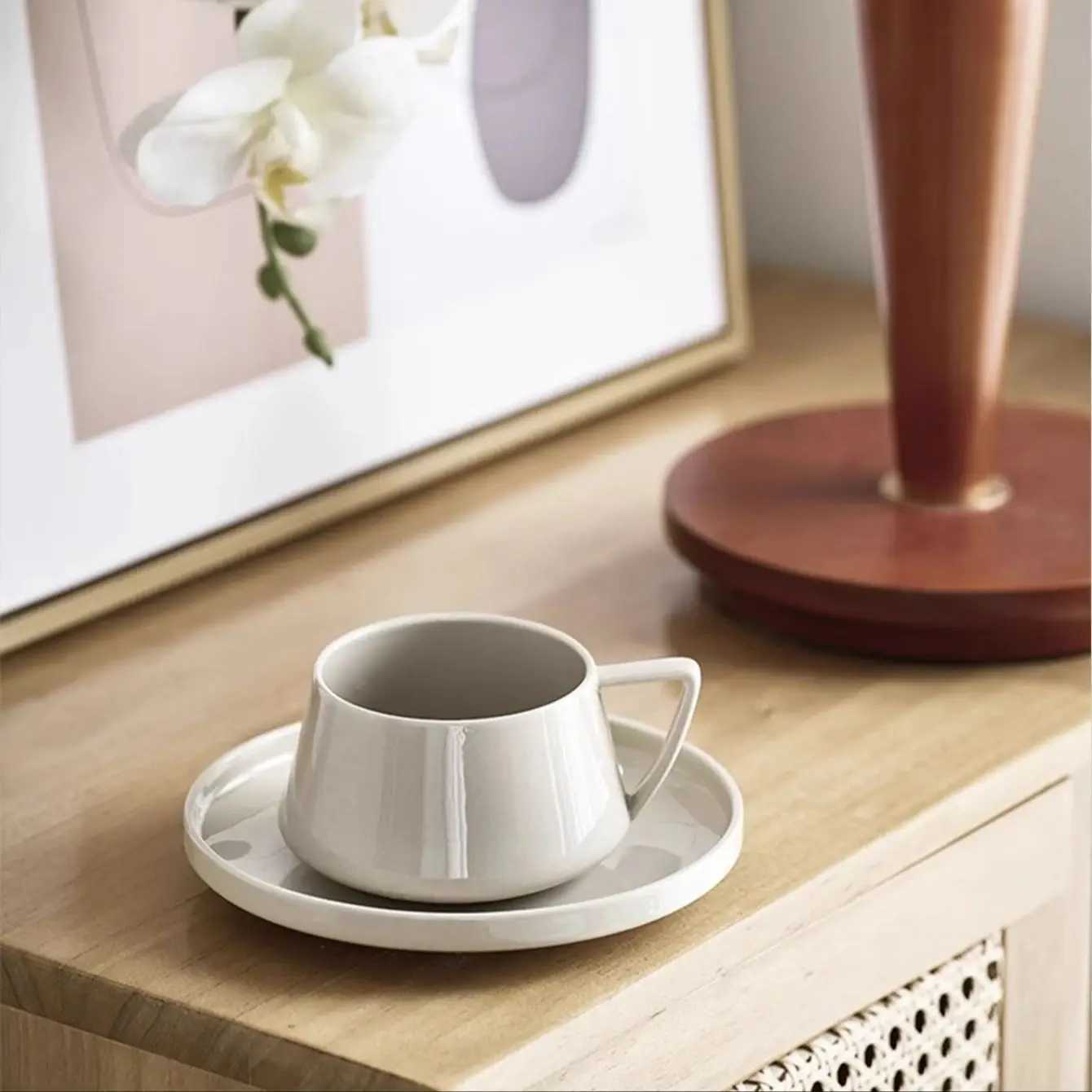 1pc 320ml simple ceramic coffee cup and saucer exquisite instant cup mug saucer for office afternoon tea H260323