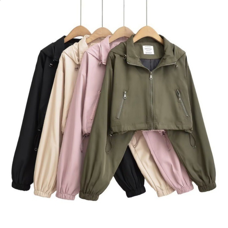 Autumn Gorpcore Cargo Stylish Black Hooded Cropped Top Windbreaker Women Zipper Bomber Jacket Coat Pink Green Beige 240820