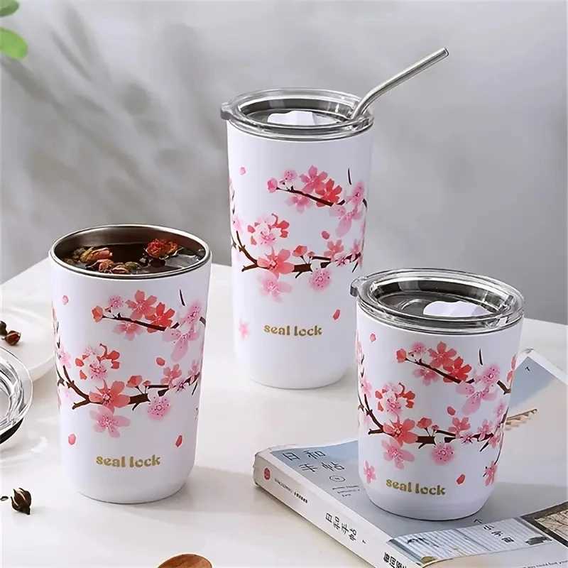 1pc 304 Stainless Steel Ins Hands-on Cup Straw High-value Girls Milk Tea Coffee Cup Anti-fall Water Bottle Water Cup Cherry Blos D260323