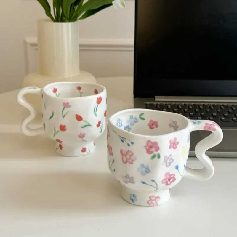 Creative Ceramic Coffee Cup Hand Pinched Irregular Mug with Handle Floral Pattern Breakfast Milk Cereal Cup Couple Birthday Gift H260323
