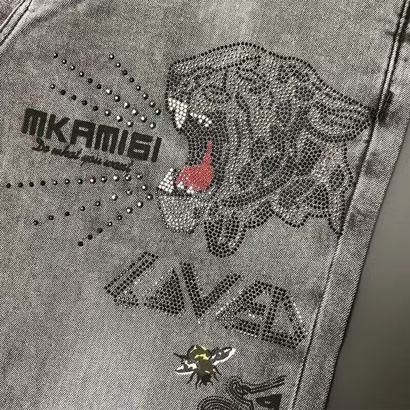 Designer Jeans Luxury Men's Trendy Brand Heavy Industry Tiger Printed Hot Diamond Grey Pants Street Fashion Essential Youth Casual Sports Loose S