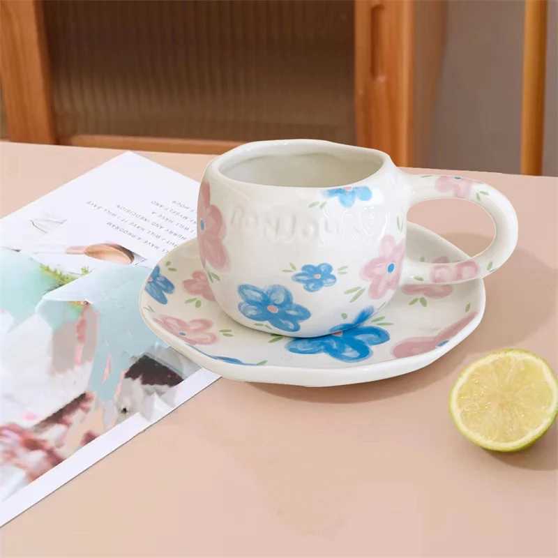 Ceramic Coffee Cup Saucer Hand-pinched Irregular Pastoral floral pattern Coffee cup Breakfast Afternoon tea cup Dessert Plate H260323