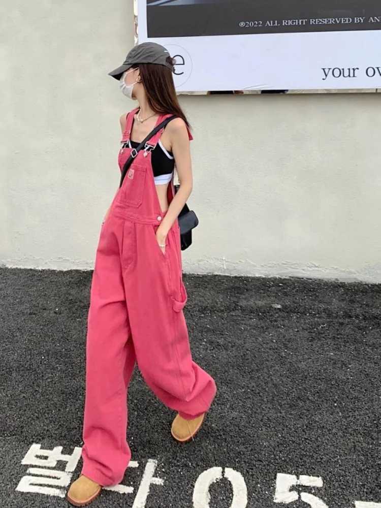 Pink Denim Overalls For Women Loose Slimming High Waist Straight Wide Leg Pants Student Style Jumpsuits M260323