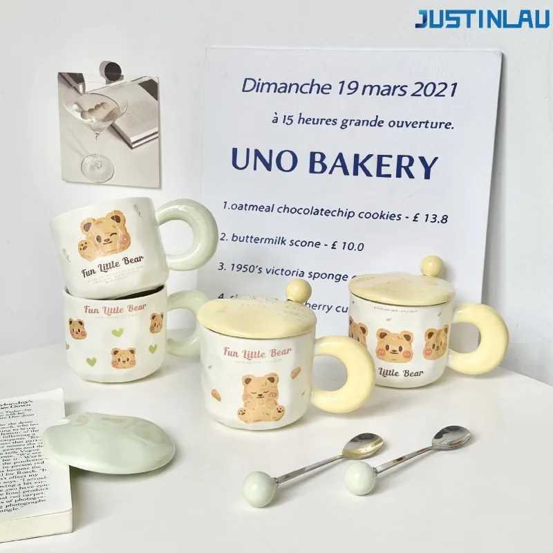 JUSTINLAU Cartoon Butter Teddy Bear Cup Couple Ceramic Cup Suitable for Girls High-value Mug with Lid Spoon Office Water Cup D260323