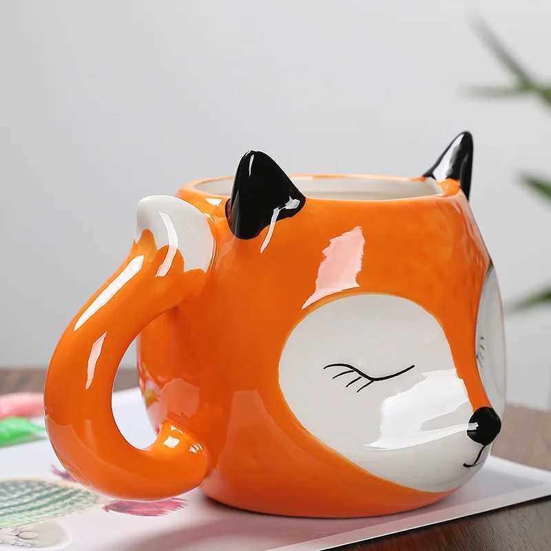 Cartoon Fox Shaped Ceramic Mug Creative Coffee Milk Tea Water Cup Cute Children Breakfast Cup Household Drinkware D260323