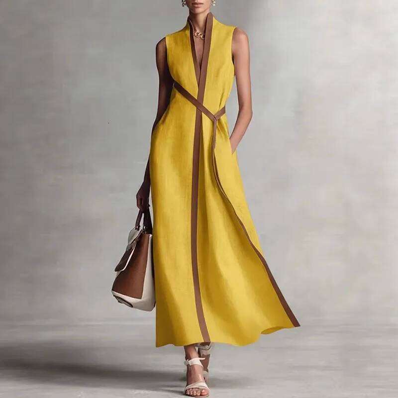 Elegant Contrast Striped Print Party Womens Spring Chic V Neck A-Line Long Dresses Summer Sleeveless Vacation Maxi Dress WONST