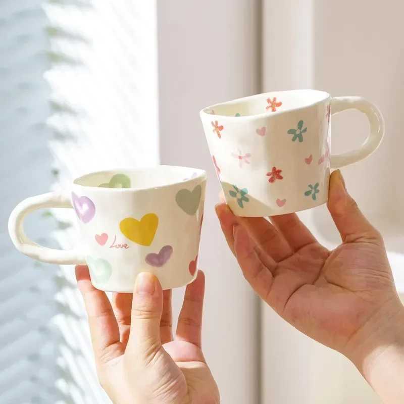 Hand Pinched Ceramic Mugs and Saucers Coffee Cup Cute Hand Painted Floral Blueberry Love Milk Tea Cups Breakfast Drinkware Mugs H260323