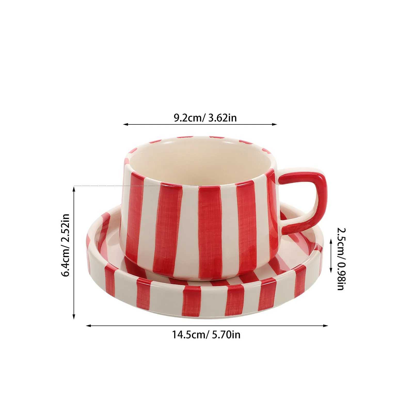 1Set Ceramic Coffee Cup Striped Pattern Office Afternoon Tea Latte Art Mug Saucer Set Creative Ceramic Coffee Cup H260323