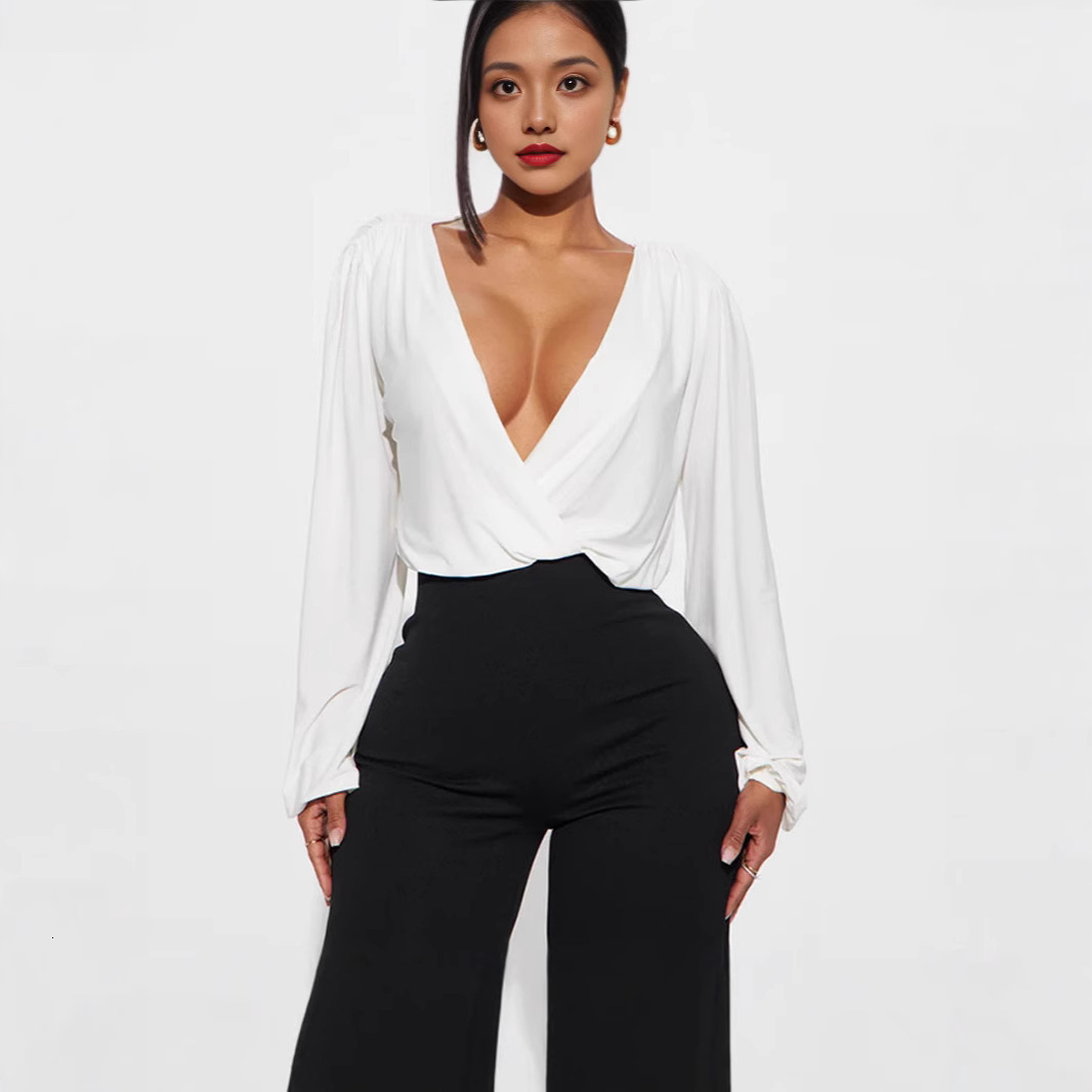 European And American New Fashionable And Sexy Women's Solid Polo Color Deep V Pleated Slim Fit Long Designer Designer Hoodie T-shirt Sleeve T-shirt Top