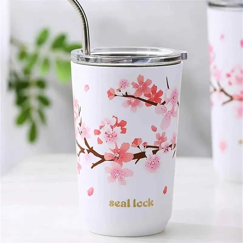 1pc 304 Stainless Steel Ins Hands-on Cup Straw High-value Girls Milk Tea Coffee Cup Anti-fall Water Bottle Water Cup Cherry Blos D260323