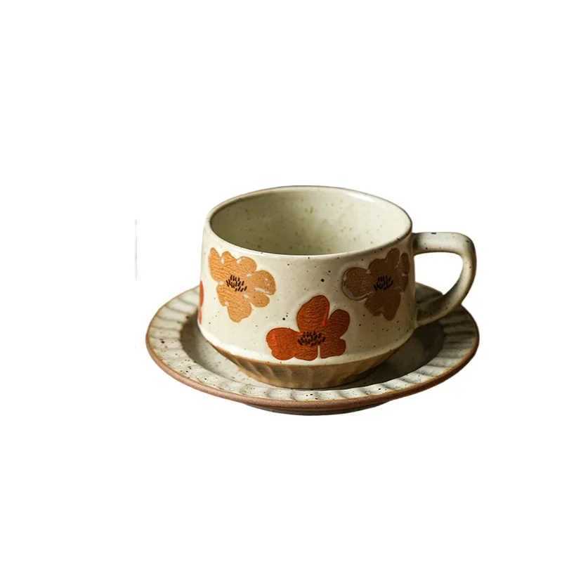 High-class Sense of Retro Coffee Cups and Saucers Set of Creative Rough Pottery Flower Cups Household High-grade Exquisite Mugs H260323