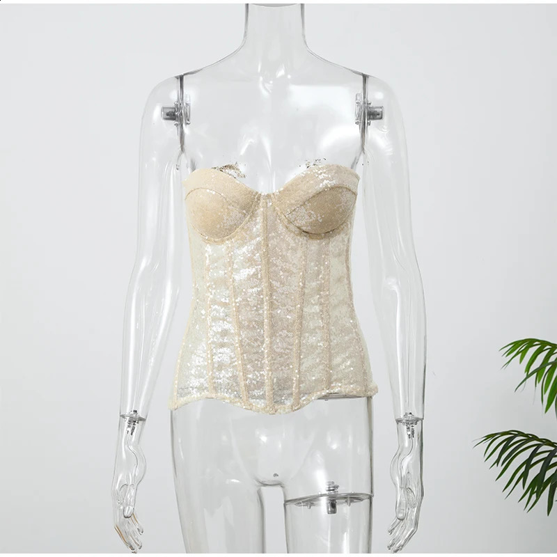 Sexy Sequin Lace Up Shell Corset Women Chic Strapless Backless Off Shoulder Bodycon Waist Cinching Vest Lady High Street Top 260321 - view 6