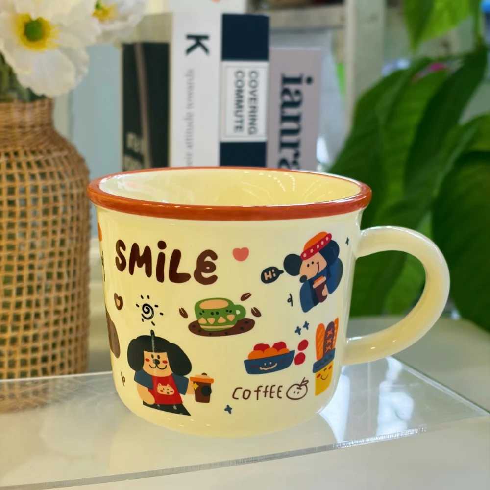 Kawaii Smile Ceramic Mug Cute Cartoon Dog Coffee Pattern Coffee Cup with Brown Rim 340ml Novelty Mug for Daily Use Gift H260323