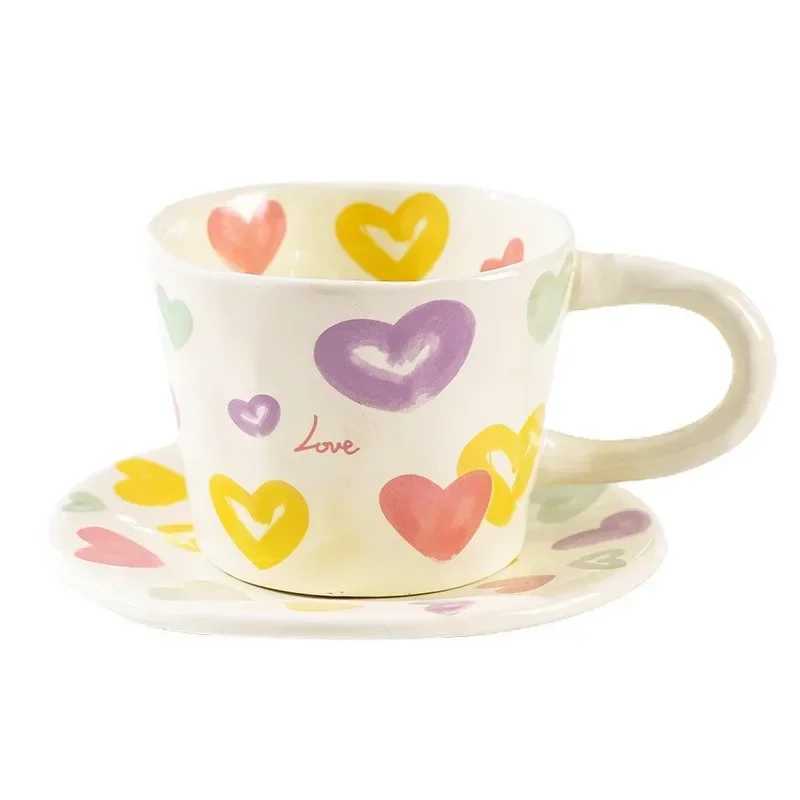 Hand Pinched Ceramic Mugs and Saucers Coffee Cup Cute Hand Painted Floral Blueberry Love Milk Tea Cups Breakfast Drinkware Mugs H260323