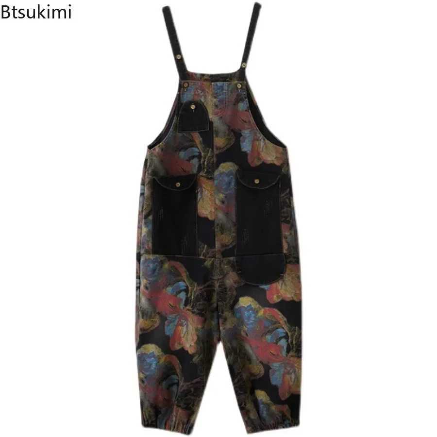 New 2026 Womens Fashion Loose Print Denim Jumpsuit with Big Pockets Vintage Casual Overalls Ladies Jeans Straps Pants Oversized M260323