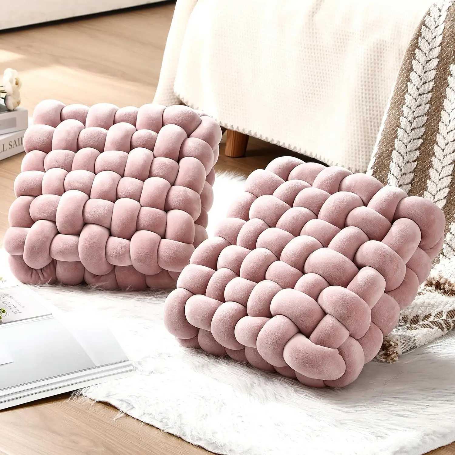 Pink Gift Velvet Light Luxury Knotted Square Cushion Soft Seat Pad for Living Room Backrest and Bay Window Geometric Pattern H260323