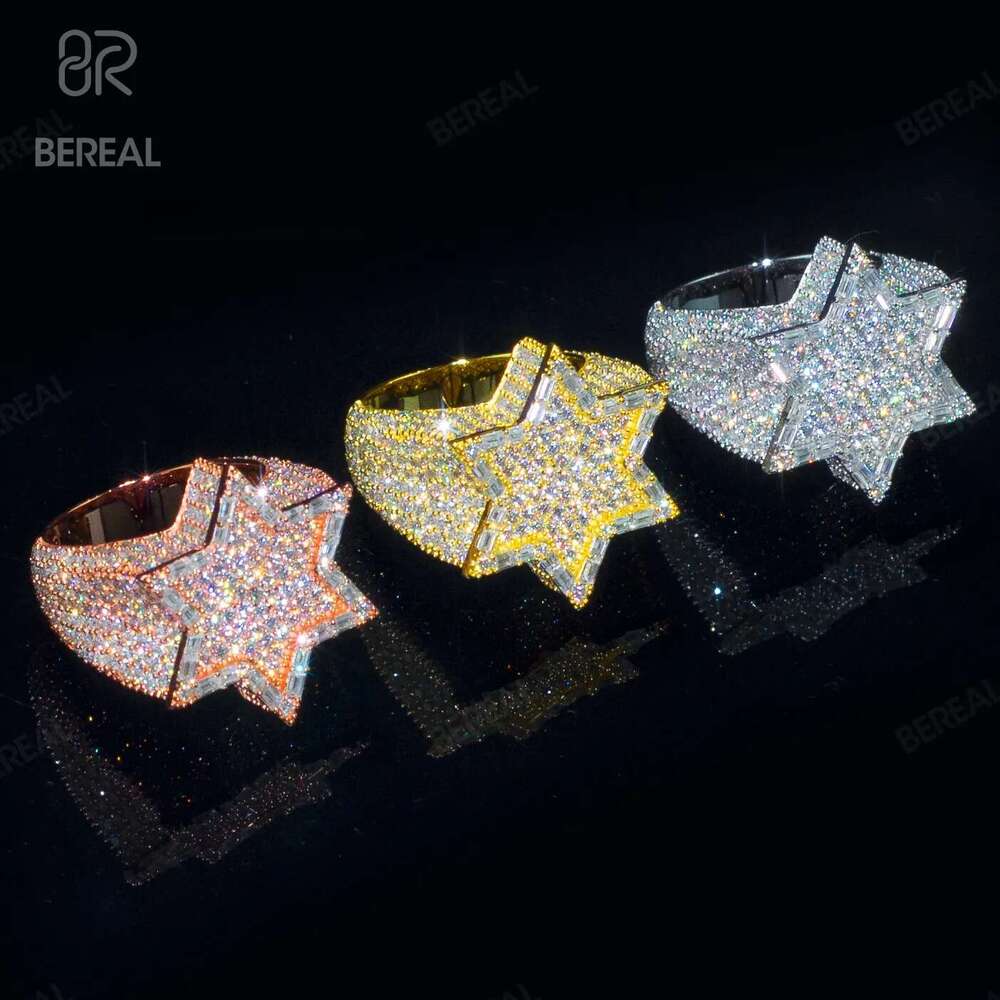 Wholesale Vvs Baguette Moissanite Hip Hop Six-pointed Star Men Ring Iced Out 925 Silver Diamond Cuban Link Cross Rings