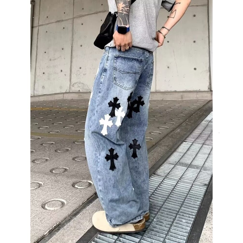 2026 Designer Jeans Spring Luxury Men's Loose Pants Fashion Black And White Leather Splicing Embroidered Wide Leg Straight Tube Youth Street Jean