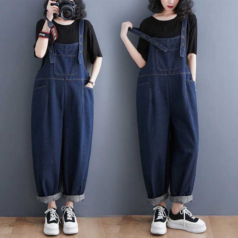Loose Oversized Mom Jeans Overalls Women Casual Streetwear Wide Leg Denim Jumpsuit Vintage Strap Dungarees Baggy Cargo Pants M260323