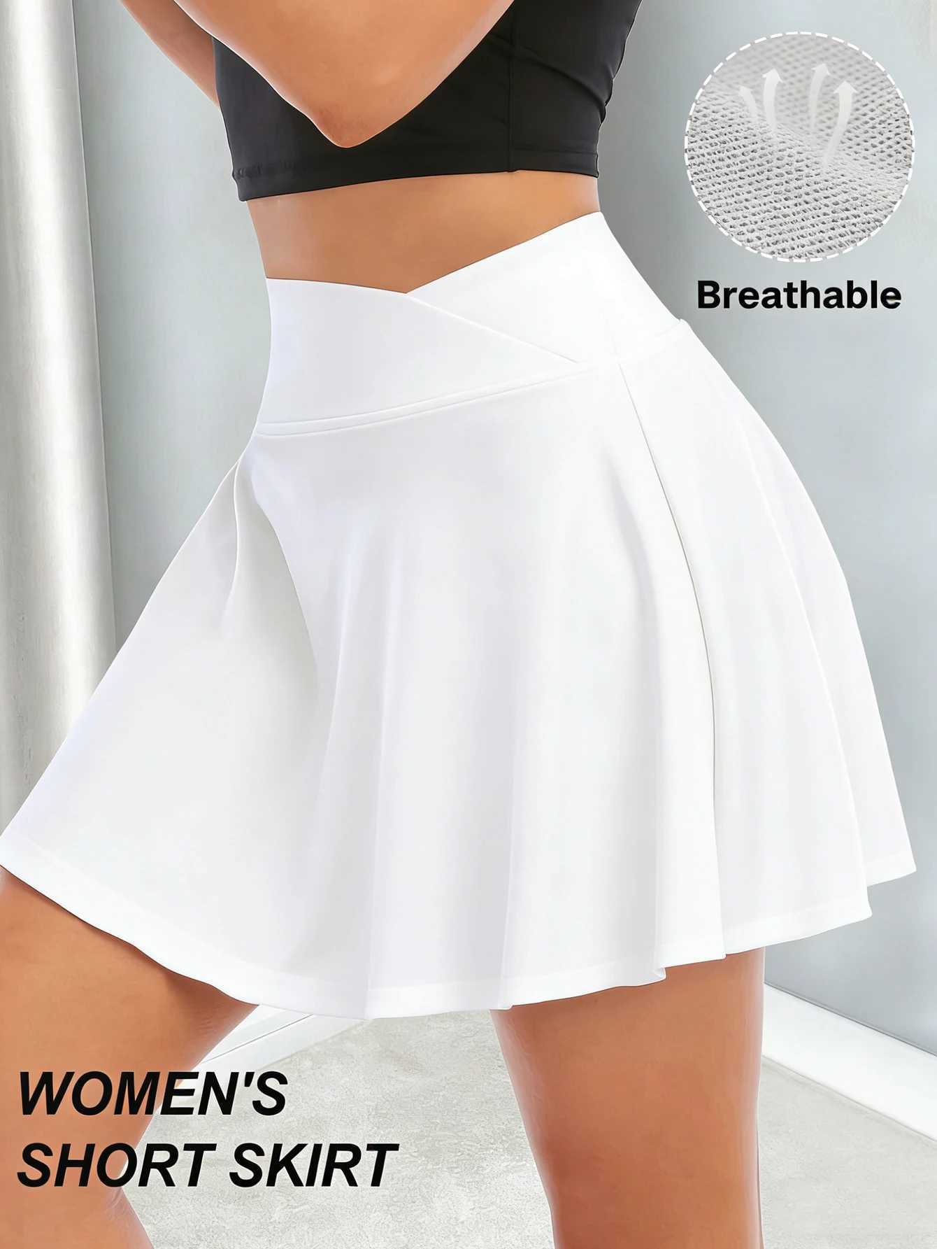 Women White High Waist Tennis Skirt Cross V Waist Breathable Athletic Skort With Shorts For Golf Running Fitness Daily Outfits D260323