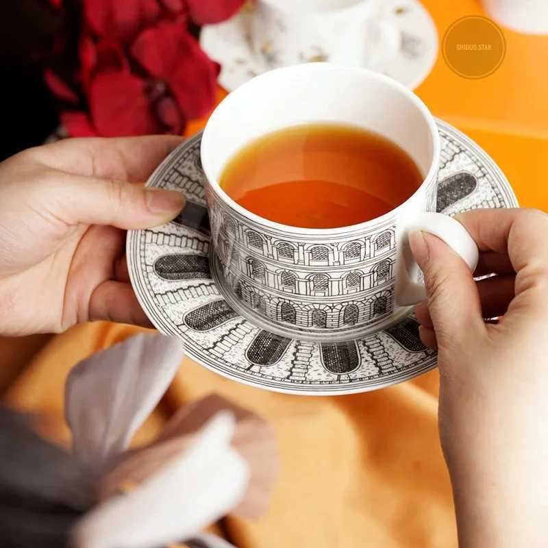 Italian Ceramics Mugs Vintage Teaware Sets Coffee Cup Saucer Set with Plate 350ml Cupa for Office Flower Tea Light Luxury Gift D260323