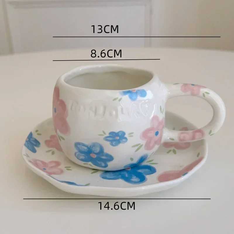 Ceramic Coffee Cup Saucer Hand-pinched Irregular Pastoral floral pattern Coffee cup Breakfast Afternoon tea cup Dessert Plate H260323