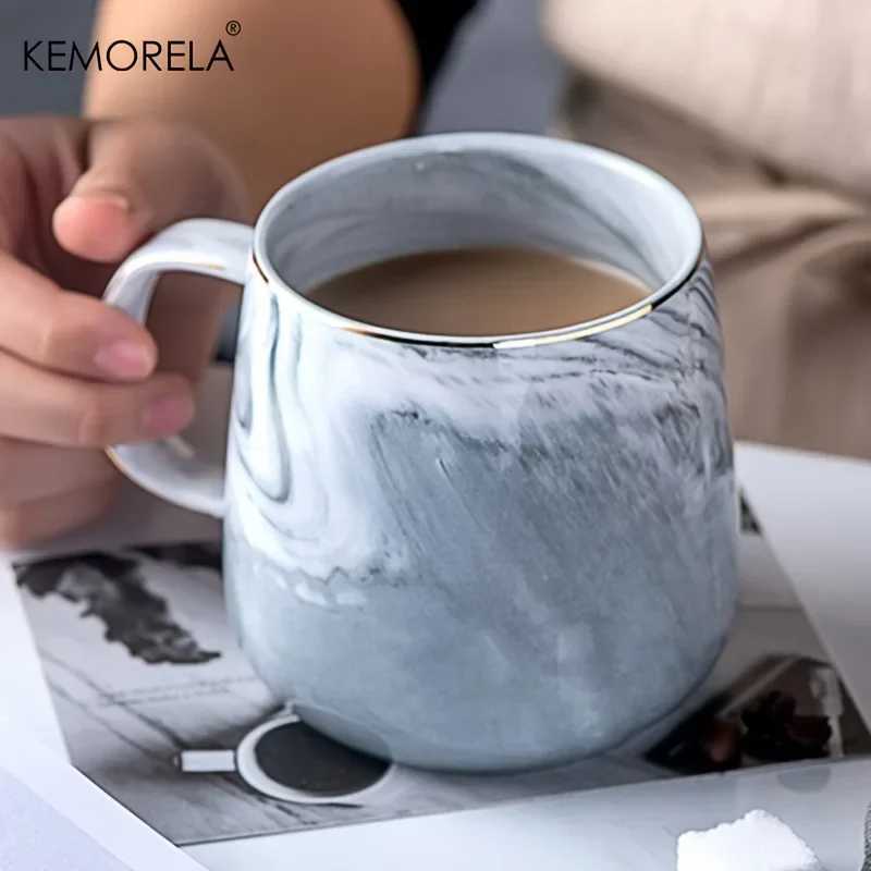 1Pcs Nordic Ins Style Ceramic Mug Marbled Gold Rim Coffee Cup Oatmeal Breakfast Cup Valentines Day present Couple water cups D260323