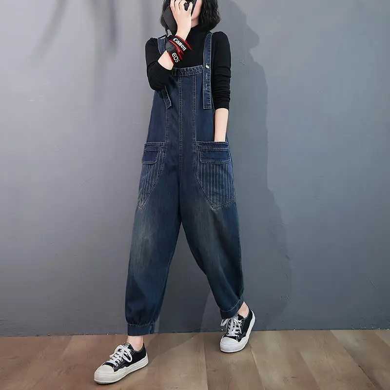 Fashion Loose Pocket Jeans 2024 Women Autumn Bib Pant Overalls Shoulder Strap Jumpsuit Large Size Retro Casual Denim Jeans Pants M260323