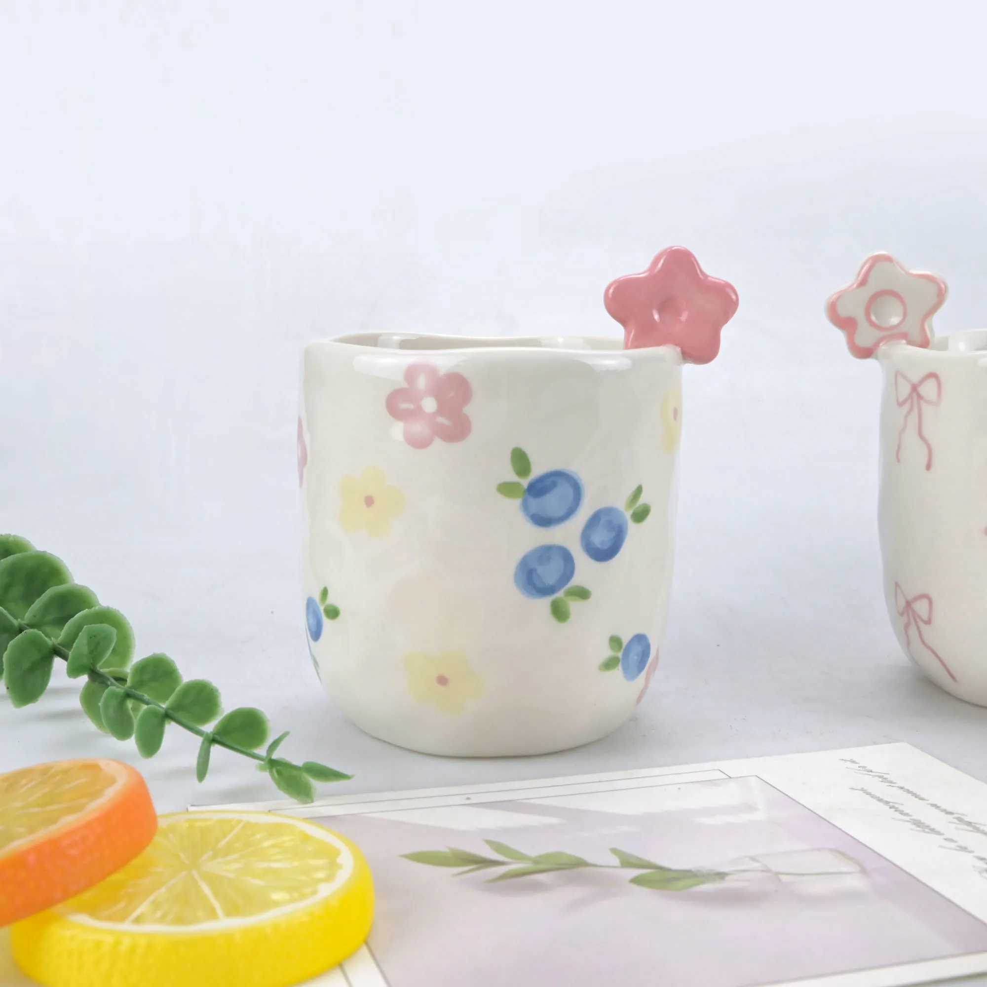 1pcs Cute flower cup hand-painted bow watercolor flower hand squeezed irregular ceramic coffee cup H260323