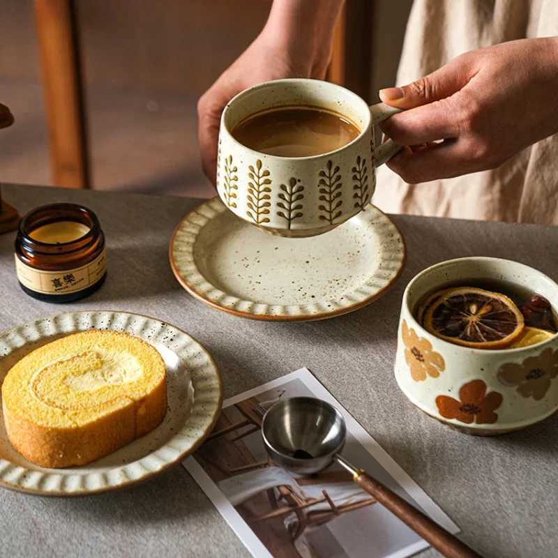 High-class Sense of Retro Coffee Cups and Saucers Set of Creative Rough Pottery Flower Cups Household High-grade Exquisite Mugs H260323