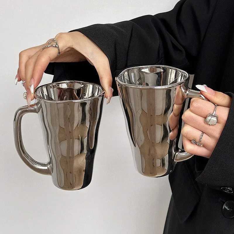 Creative Silver Mug with Handle Milk Cup Coffee Cup Modern Simple Universal Water Cups Drinkware Home Decoration Gift H260323